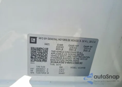 2021 Chevrolet Equinox Ls z USA, uszkodzony, nr VIN 3GNAXSEV4MS159030